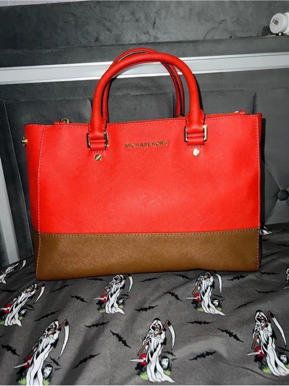 Michael Kors Red and Brown Colorblock Saffiano Leather Satchel